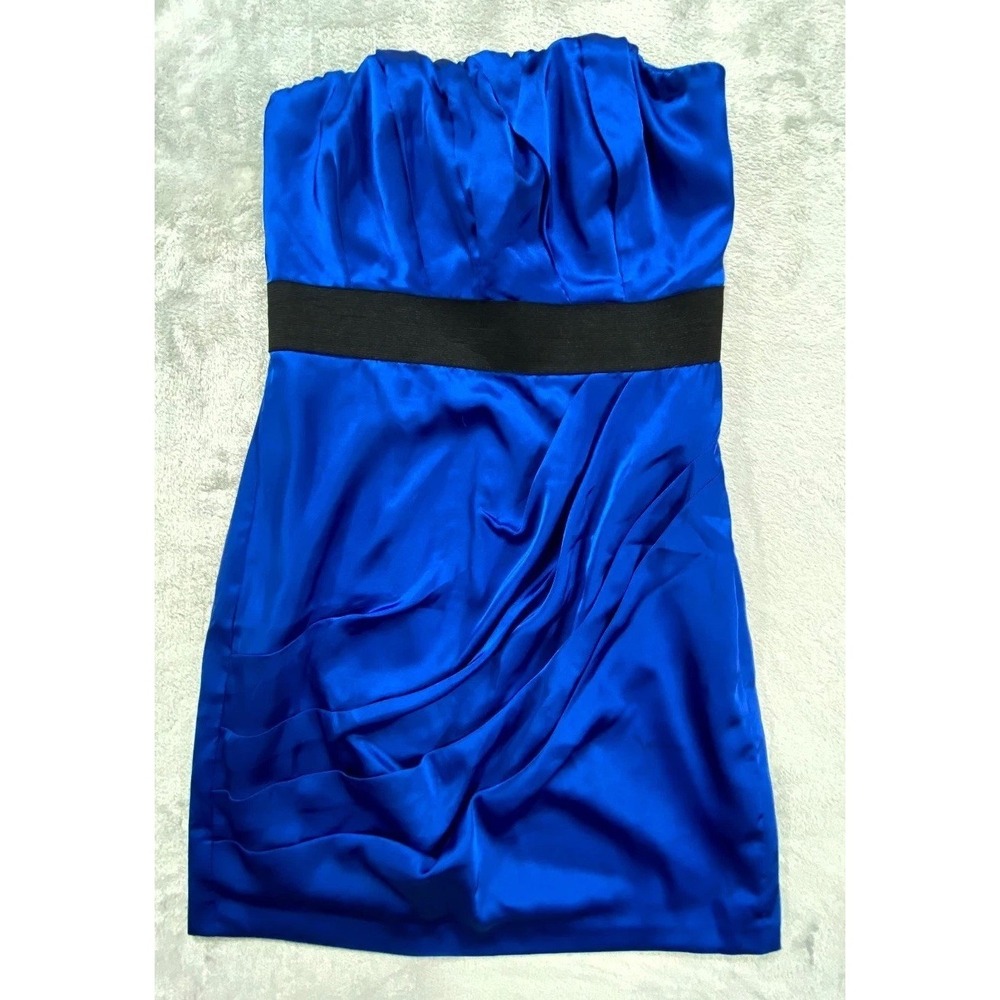 Express Strapless Dress Womens 4 Royal Blue Satin Stretch Pleated Ruched Party